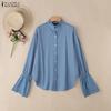 ZANZEA Women Casual Round Neck Loose Crochet Splice Long Sleeve Blouse