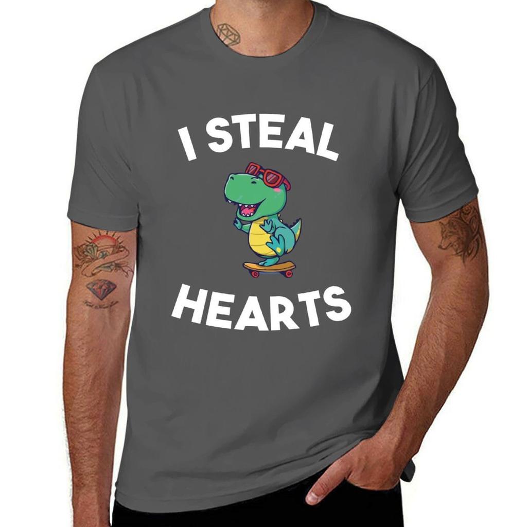 I Steal Hearts Valentines Day For Kids Dinosaur Gift Tshirt Classic Basic Casual Tshirt