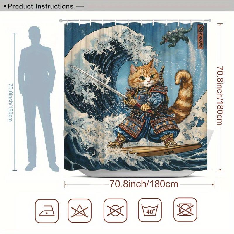 A Samurai Cat Shower Curtain: Transform Your Bathroom into a Scene Straight Out of a Japanese Woodblock Print with This Unique