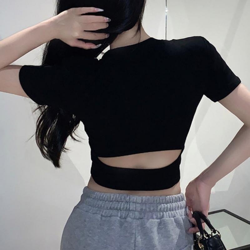 Casual Short Sleeve Slim Fit White T-shirt for Women Summer Backless Hollow Sexy Crop T Shirt Women Clothing Round Neck Simple Cotton Tee Shirt 24381