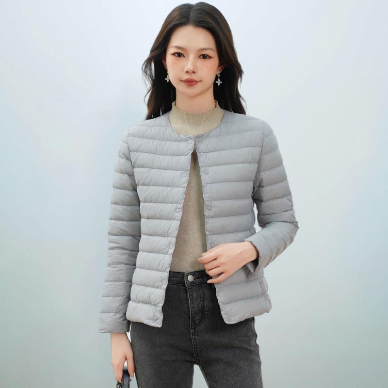Women's new national standard 90 fleece new solid color women's clothing round neck V neck simple long sleeve down jacket