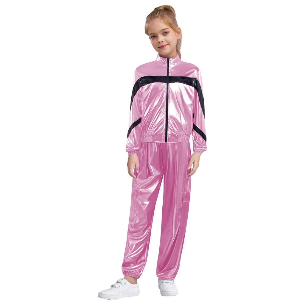 Mädchen Tanzjacke Mode Kontrastfarbe Langarm Stehkragen Metallischer Reißverschluss mit glänzendem Hosen-Set