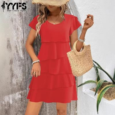 Women's Fashion Summer Spring Solid Color Print Short Sleeve O-Neck Middle Waistline Casual Dresses