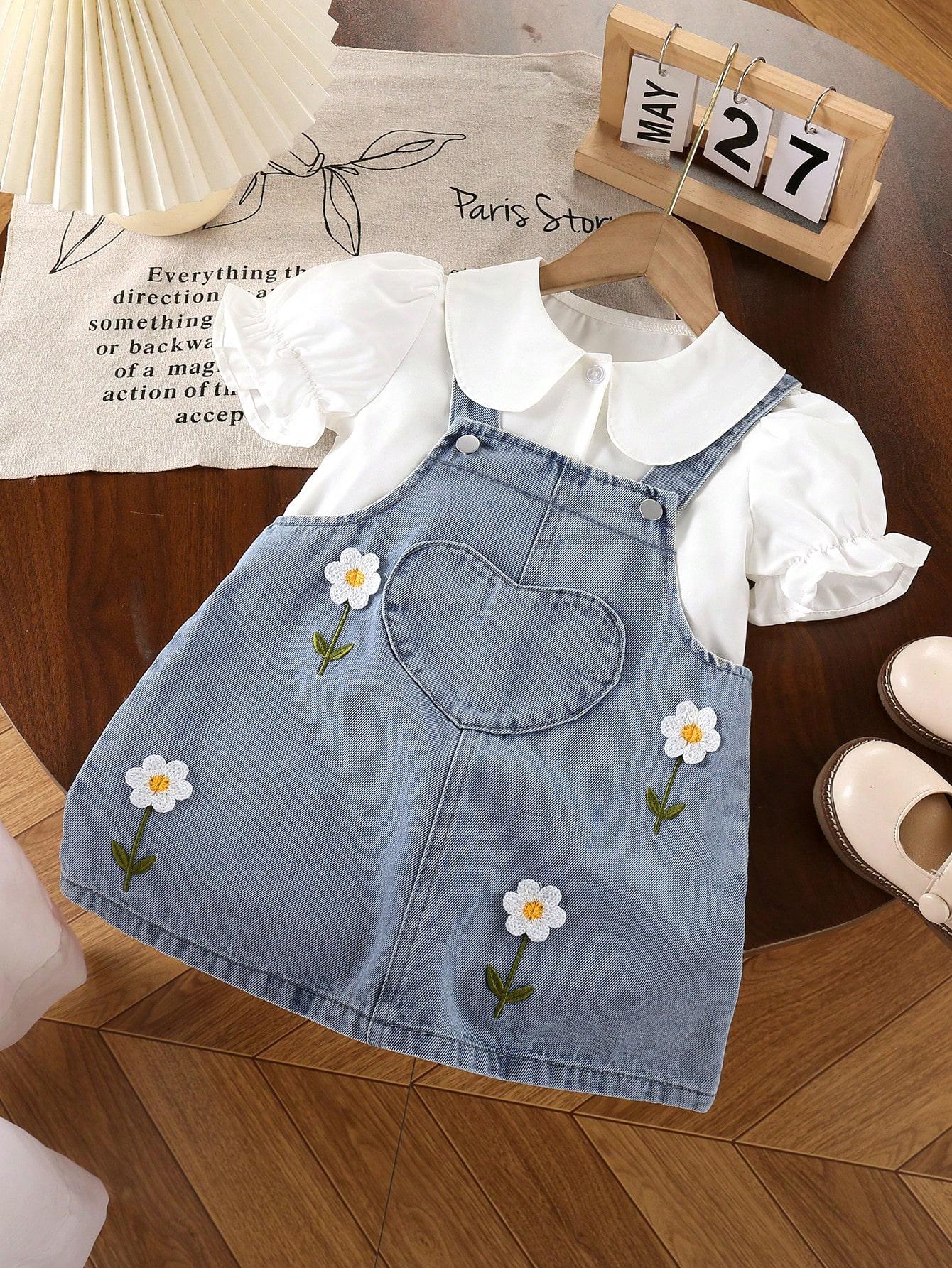

Two-piece set for girls, Korean style, versatile Peter Pan collar puff sleeve top and colorful 3D floral embroidered snowflake washed overalls. 4Y разноцветный