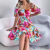 Women's Spring Summer Casual Flower Square Collar Short Sleeve Waist Pinched A-line Dress