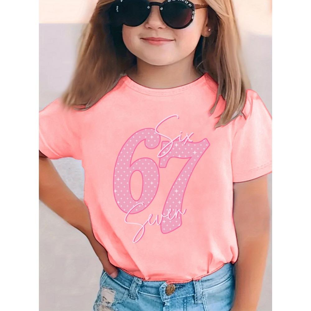 Tricou Fete cu Imprimeu Număr 67 Mânecă Scurtă Gât Rotund Top Casual Tricouri Vară Confortabil Modă Îmbrăcăminte Copii