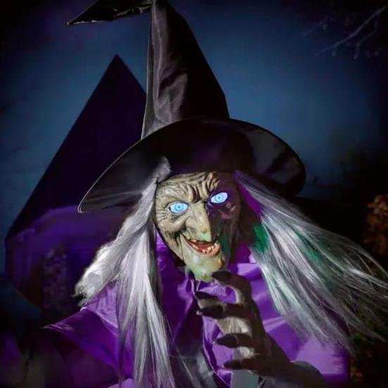 6 FT Halloweenská létající čarodějnice dekorace Hlasem aktivovaná animatronická čarodějnice na koštěti se svítícíma očima pro zahradu dvůr trávník venkovní vnitřní dekorace