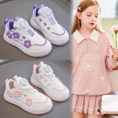 Mädchen-Sneaker 2025 Frühling neu drehbarer Knopf lässige Mädchen-Board-Schuhe Mode Blume Kinder-weiße Schuhe