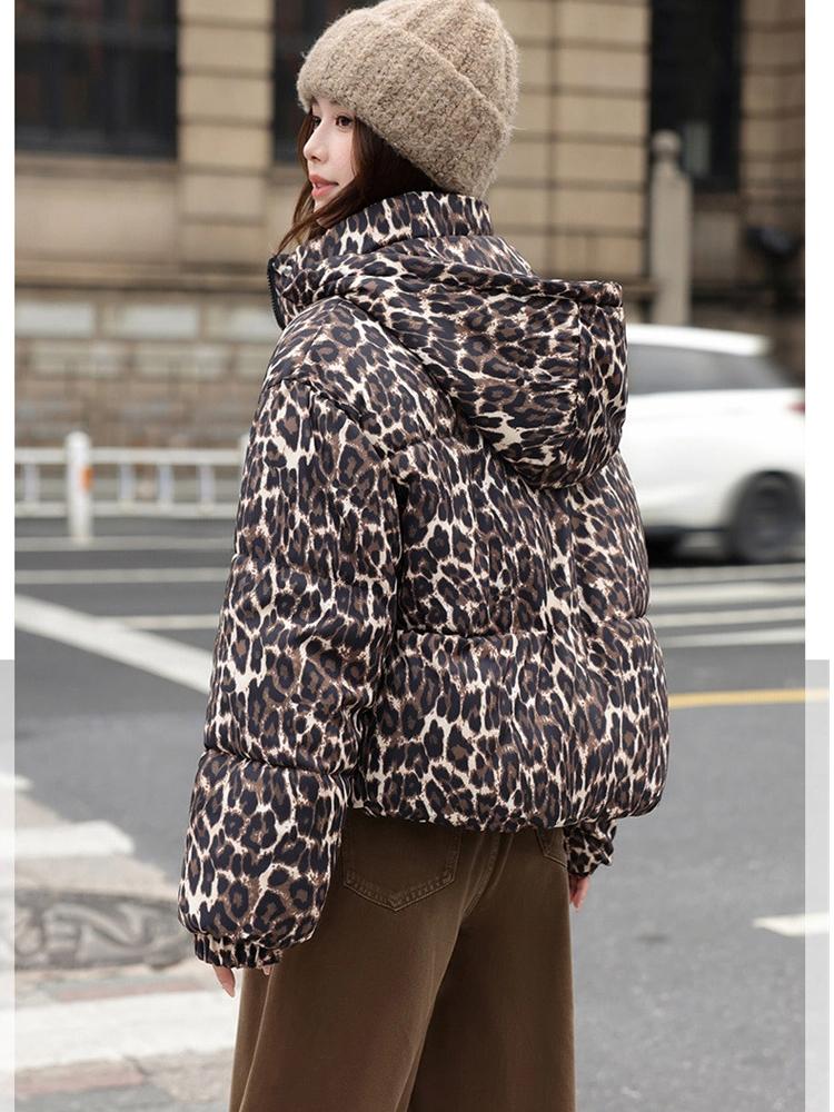 Vintage Odnímatelná Kapuce Leopardí Vzor Krátká Zimní Bunda