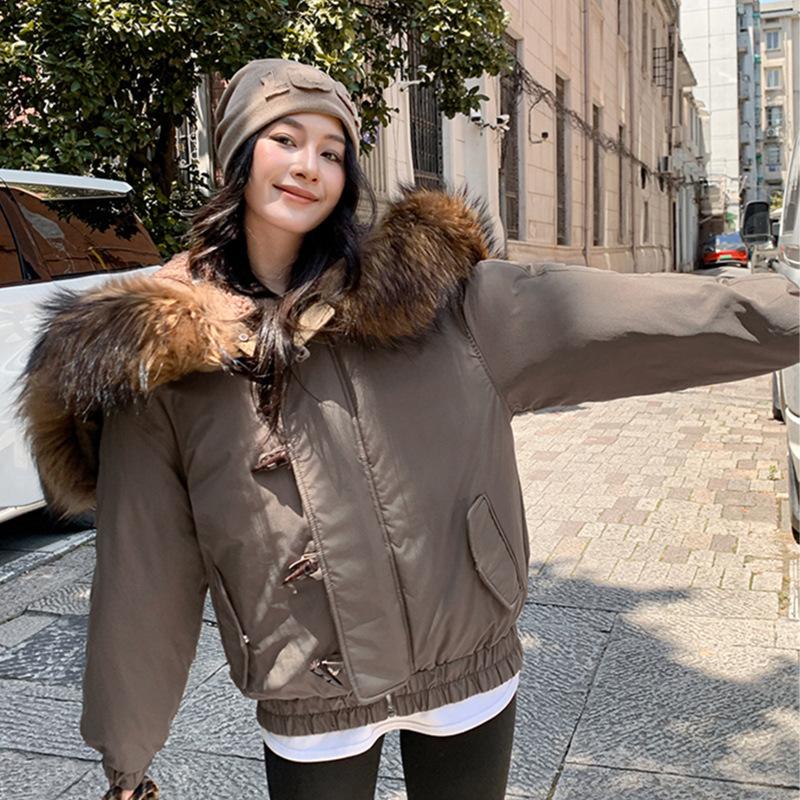 Winter raccoon fur collar down cotton-padded jacket for women's winter thickened warm horn buckle hooded cotton-padded jacket tide