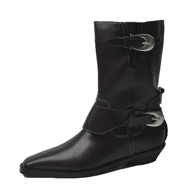 2025 Hot Sale Women's Shoes Mid-Calf Women's Boots Elegant Modern Boots Women Buckle Pointed Toe Slip on Low Heel Shoes Women