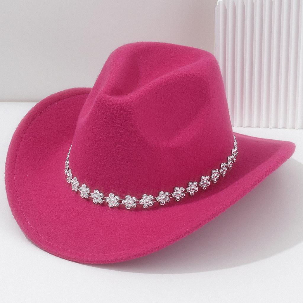 Men's and women's sweet and cool tweed top hat French cowboy hat accessories three-dimensional flower rhinestone belt for wedding vacation
