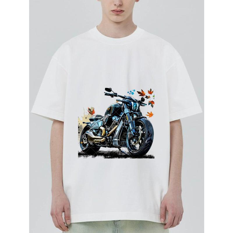 Motorcycle T Shirt Black Blue Motorcycle with Autumn Leaves Print for Casual Wear