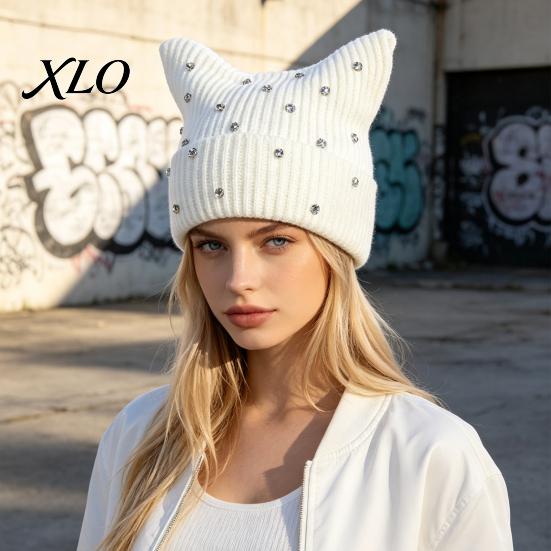 Casual Outdoor Knitted Cap Cat Ear Hat for Women Girls, Striped Slouchy Crochet Headgear Fashionable Daily Wear with Shiny Rhinestones, Cute