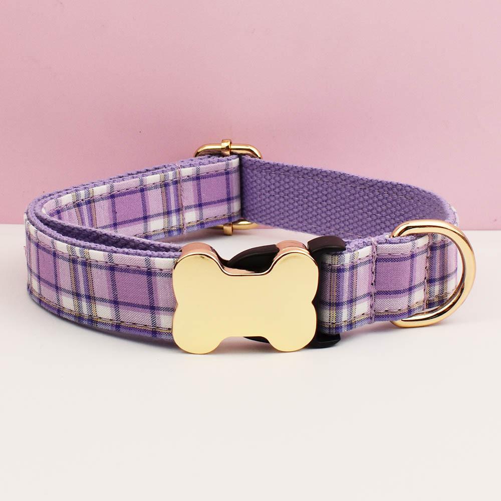 Pet Dog Collar With Grid Print Design And Bone Decor For Gift And Holiday