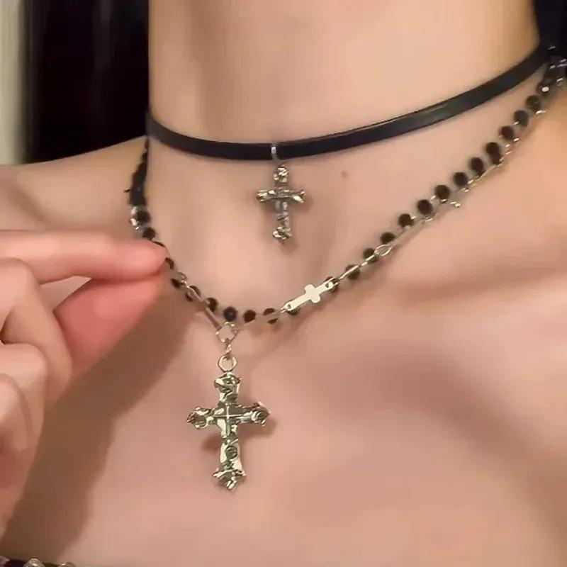 New Spicy Girl Multi-layer Cross Necklace Punk Bead Long Pendant Retro Sweet Cool Hip-hop Women's Gift Creative Fashion