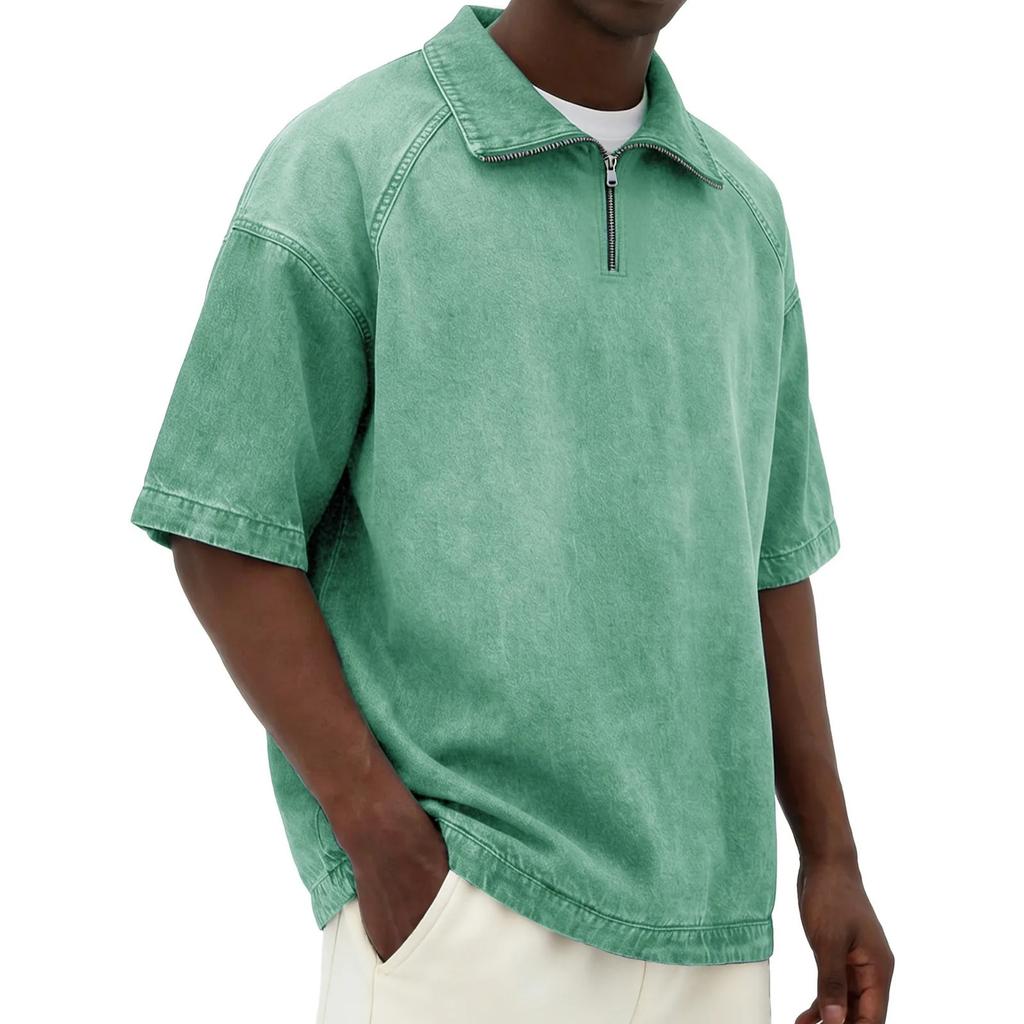 Men's Casual American- Denim-like Fabric Short-sleeved Shirt - Men's Retro Trendy Fitted Collar Zipper Jacket