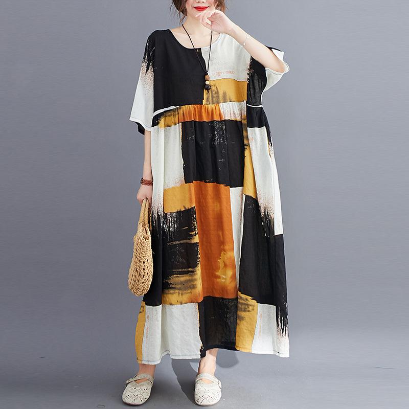 

Летняя литературная женская одежда больших размеров Fat MM Свободное платье из хлопка и льна с короткими рукавами one size оранжевый