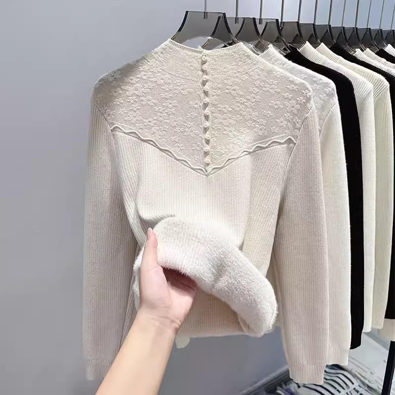 Autumn Winter Half High Collar Lace Patchwork Velvet Warm Sweater Women Elegant All-match Bottomed Knitting Top