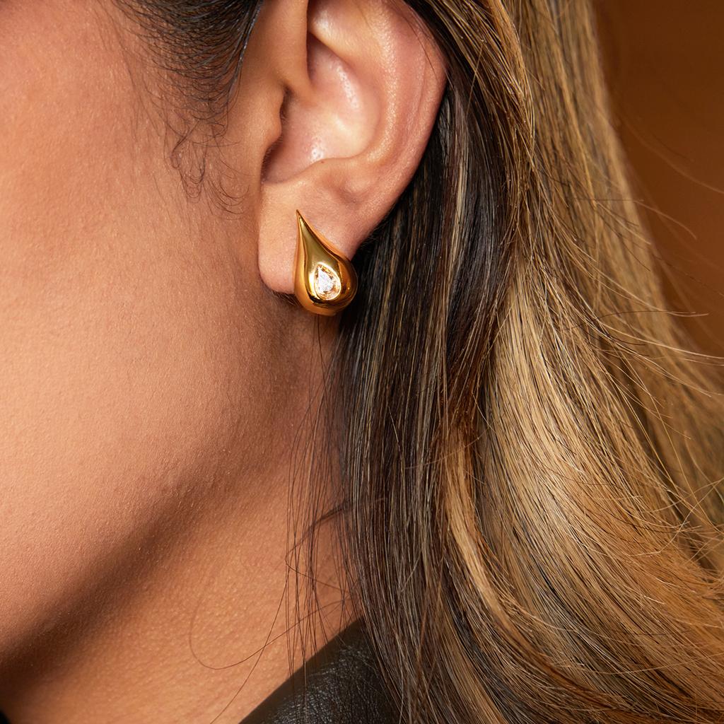 Youthway Fashion Teardrop-Shaped White Zirconia Pendant Earrings Stainless Steel With Gold Color Plating Women'S Earrings