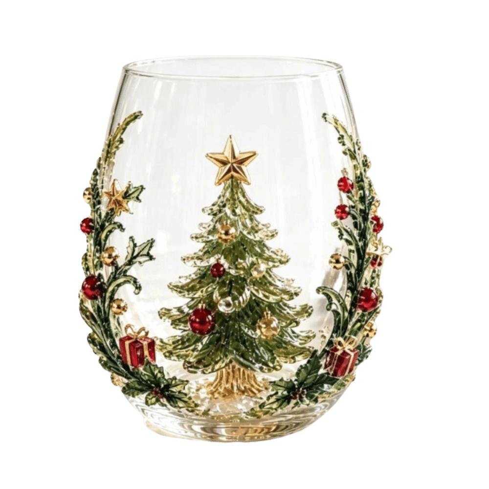 3D Embossed Christmas Wine Glass Reindeer Santa Claus Xmas Glass Cup Tree Snowman Raised Glassware Holiday Table Decor