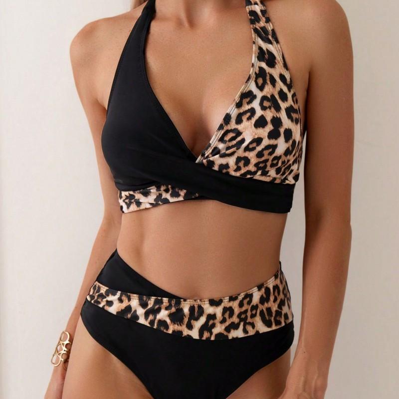 Xinsi Split Leopard Print Stitching Women's Swimsuit Sexy Bikini