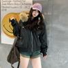 Women's Short Parka Jacket Hooded Faux Fur Collar Contrast Stitching Zip Up Ribbed Hem Winter Coat