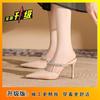 French high-end rhinestone bag head half slippers women's summer 2025 new outer wear one-word with pointed high heels