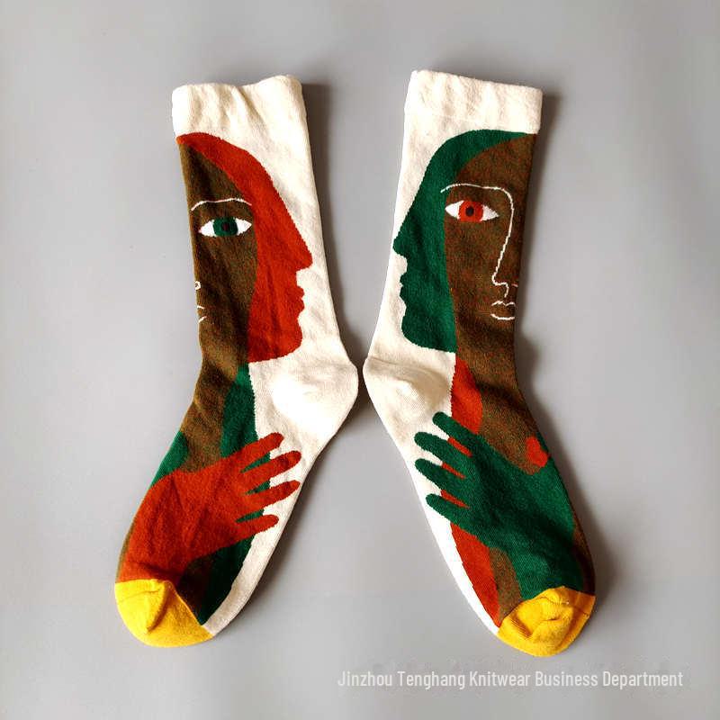 Șosete la modă cu pictură în ulei franceză: Șosete de vițel colorate, cu tub mediu-înalt, de nișă, la modă pentru femei