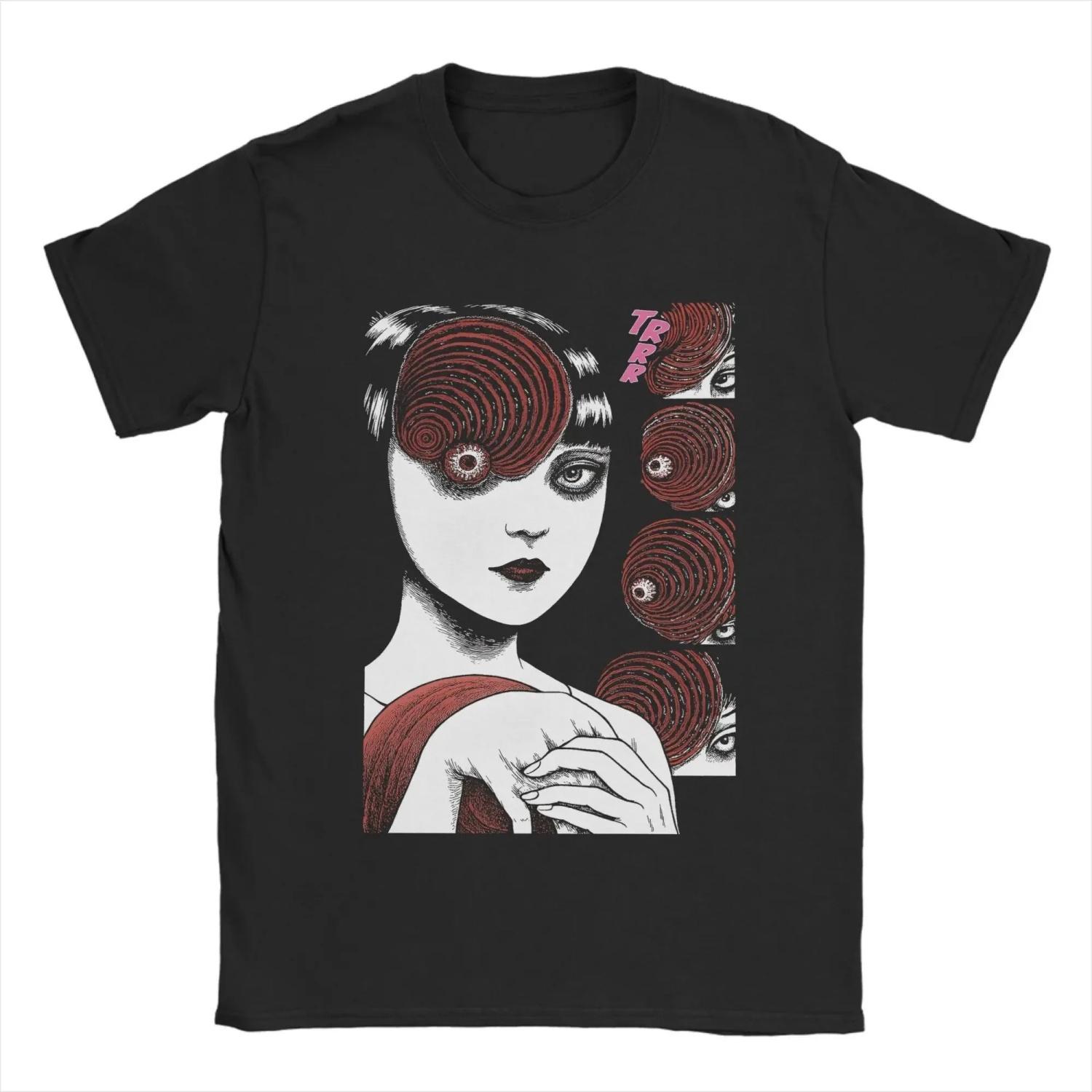 

Японская аниме футболка Junji Ito Винтажные футболки из чистого хлопка с круглым вырезом и коротким рукавом Идея для подарка Одежда S чёрный