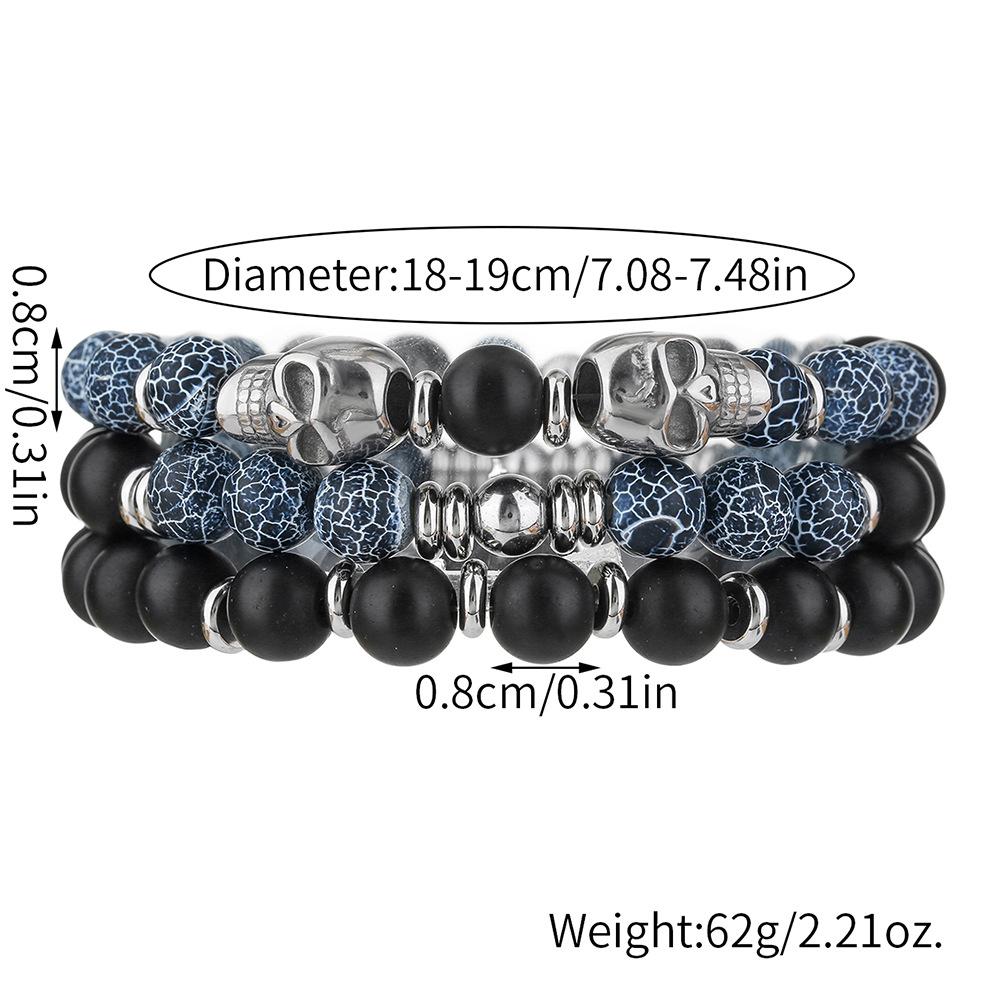 Retro Men's Hip Hop Stainless Steel Skull Bracelet Multilayer Stacked Wear Beaded Weathered Black Agate Bracelet Non-Fading