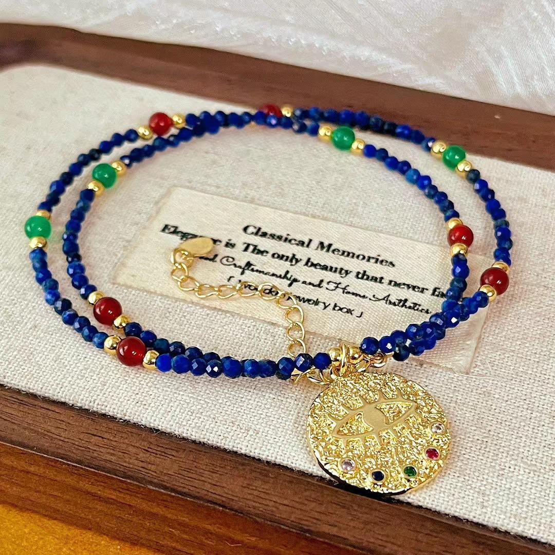 Retro High-Quality Niche Personality Natural Blue Lapis Lazuli Micro-Diamond Pendant Gold Necklace Design Sense