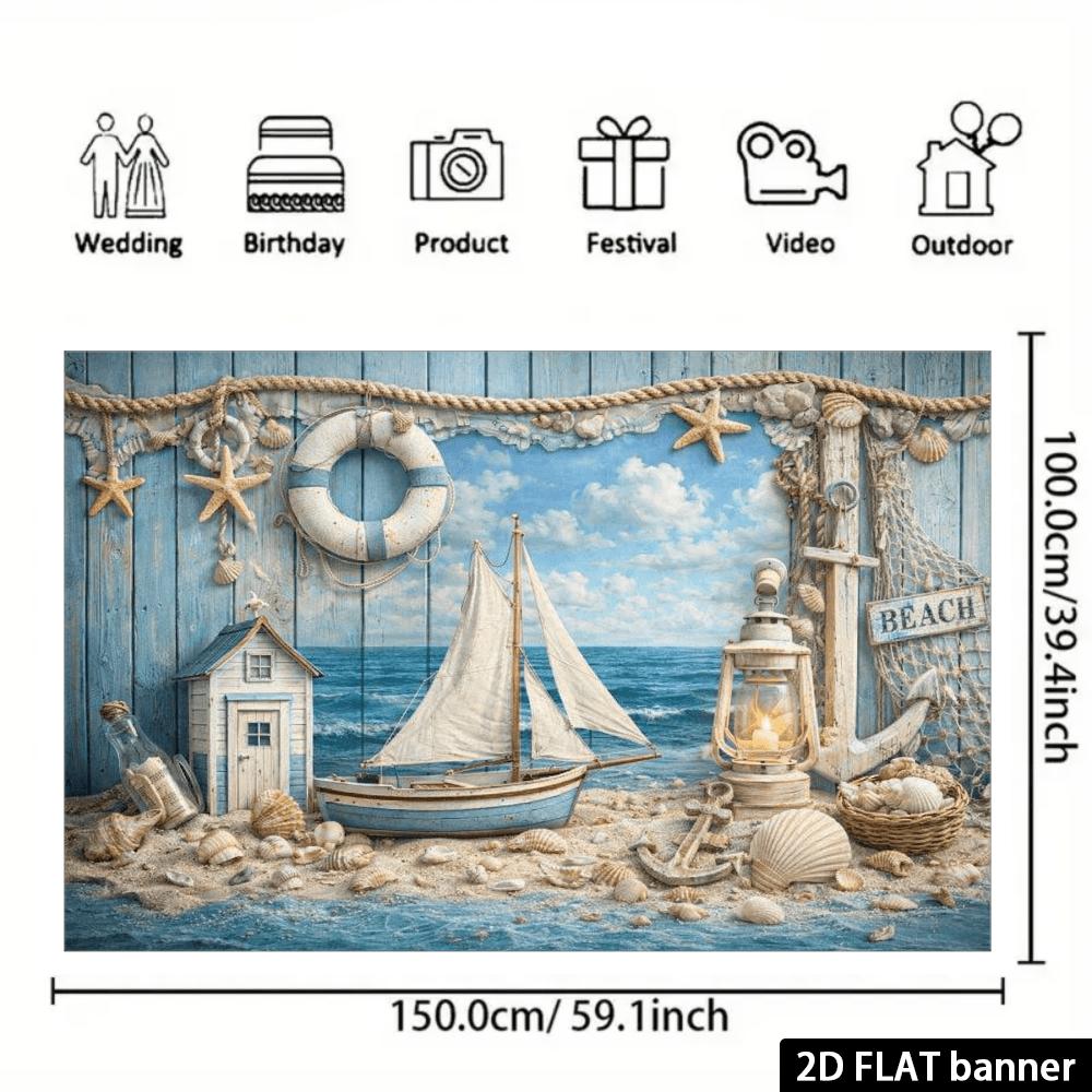 2D Wooden Cabin Sailboat Background Fabric, Lifebuoy, Anchor, Lighthouse, Starfish, Shell, Floating Bottle Decoration, Polyester