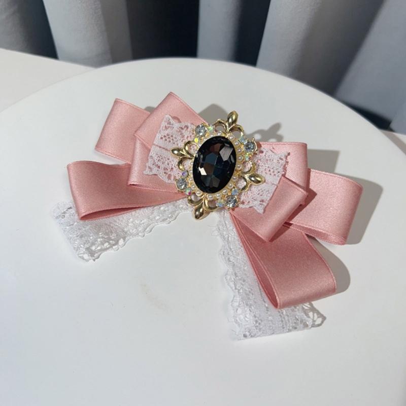 Elegante Spilla a Forma di Fiocco in Pizzo e Nastro per Donna, Nodo Pre-annodato, Jabot, Collo con Strass, Cristallo per Eventi Formali