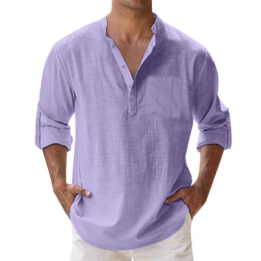Men's Summer Casual Loose-Fit Stand-Up Collar Solid Color Long-Sleeve Cotton Shirt, Plus Size Available