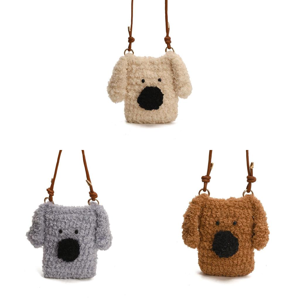 Plush Dog Cartoon Woolen Handbag With Phone Pocket For Daily Use