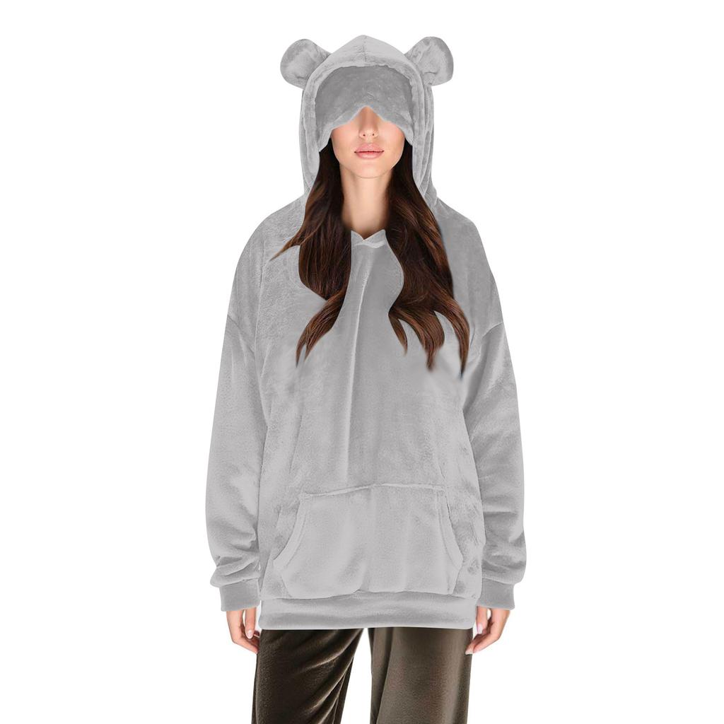 Women's Comfortable Furry Hooded Long Sleeve Sweatshirt With Eye Mask