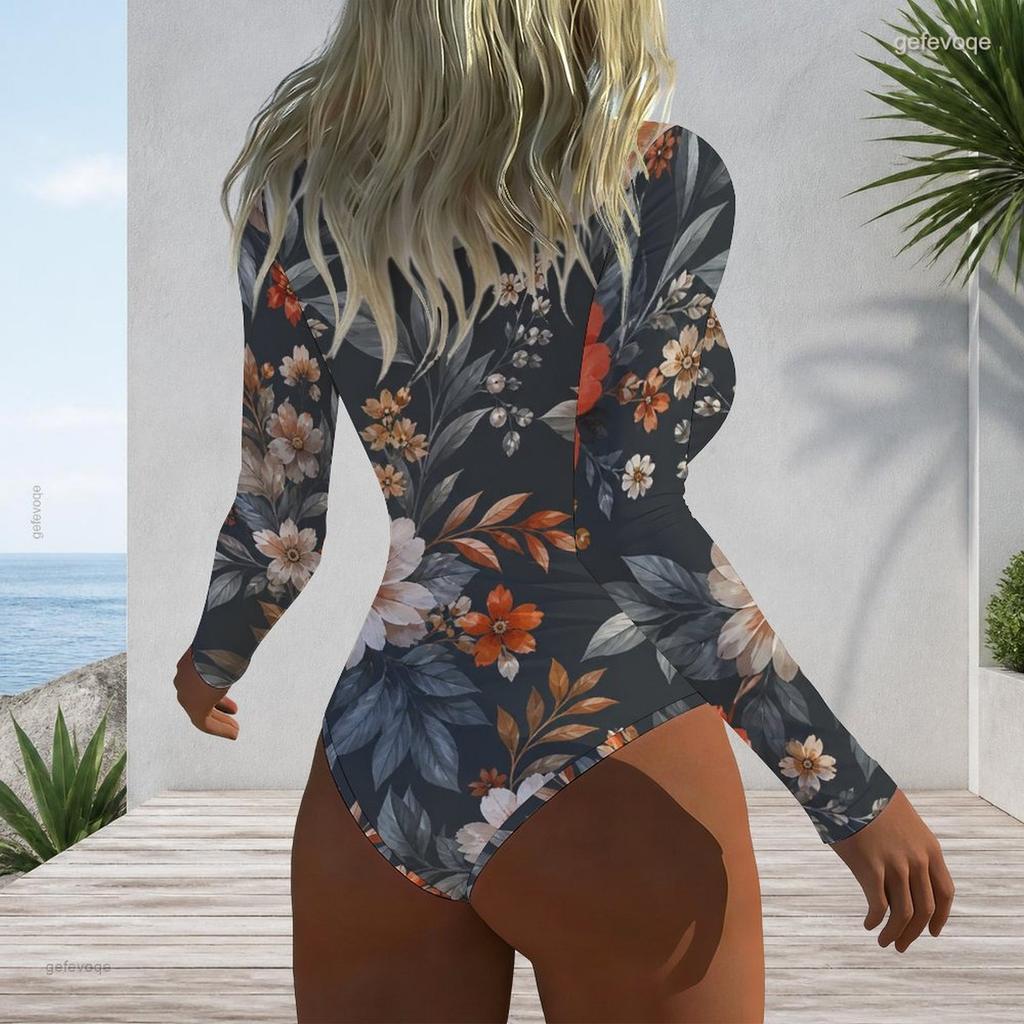 Women Plus Size Long Sleeve High Neck Front Zipper Leaf Geometric Print One Piece Swimsuit