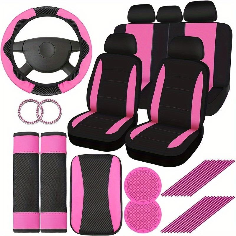 Women's Car Interior 37-Piece Set - Polyester Seat Covers, PU Steering Wheel Cover, Shoulder Pads, Decorative Strips  etc rosa