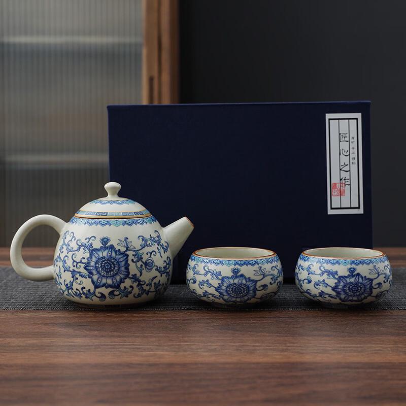 

Ru Kiln Ceramic Tea Set with Dragon Egg Pot and Two Meditation Cups