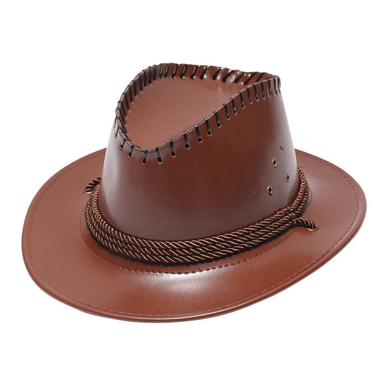 Western Cowboy Hat PU Solid Color Strap Stage Performance British Top Hat Ethnic Style Outdoor Shade Knight Hat Tide