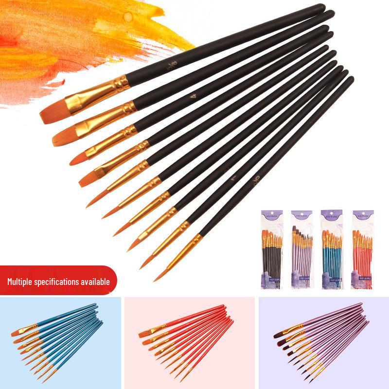 Nylon Gouache & Oil Painting Brush Set - 10 Pcs Flat Brushes with Red & Blue Handles