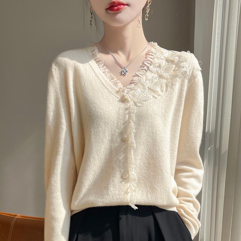Three-dimensional Floral Knit Cardigan - Autumn/Winter Casual Loose V-neck with Cross Lace Long Sleeves