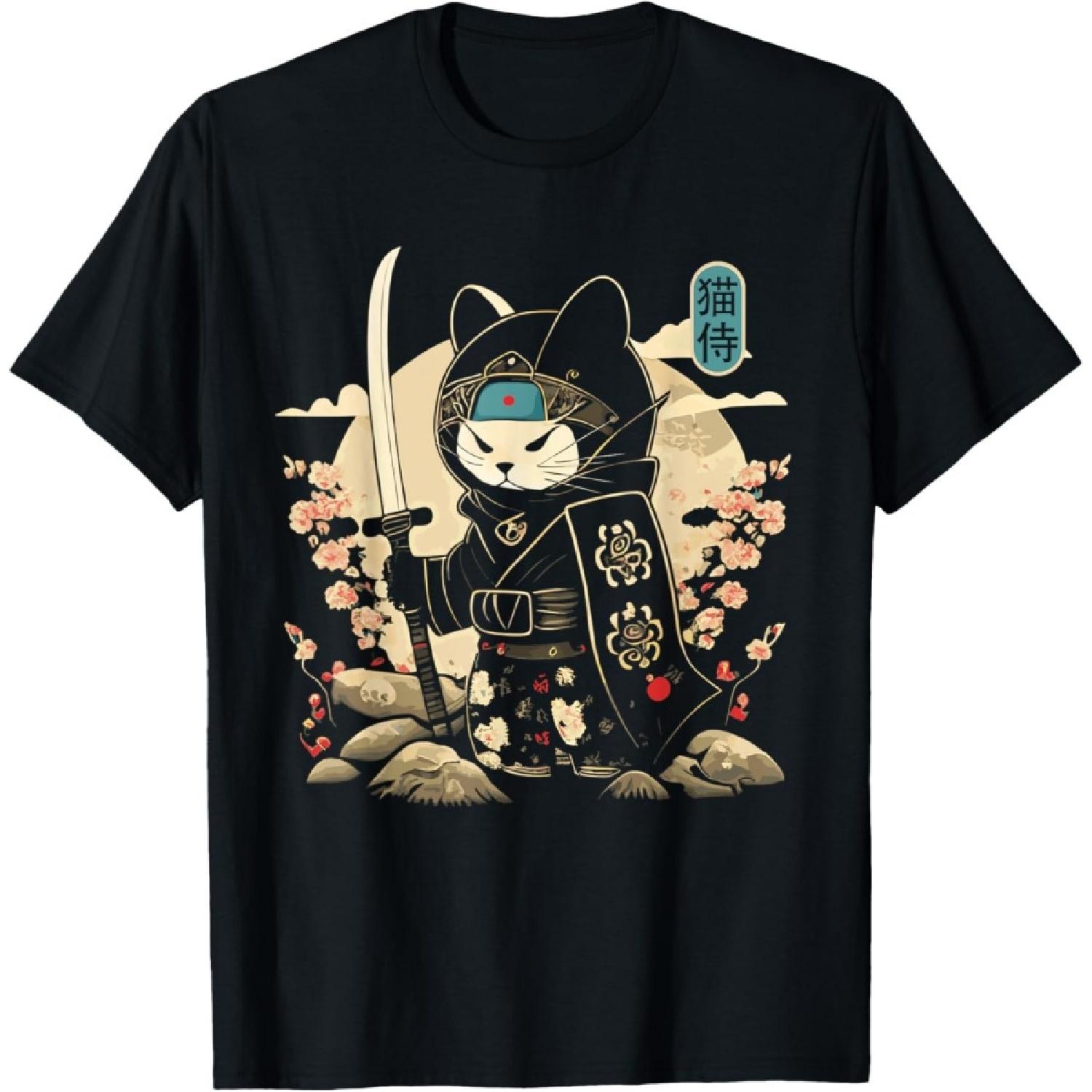 Japanese Samurai Cat Tattoo Kawaii Ninja Cat T-Shirt S чёрный