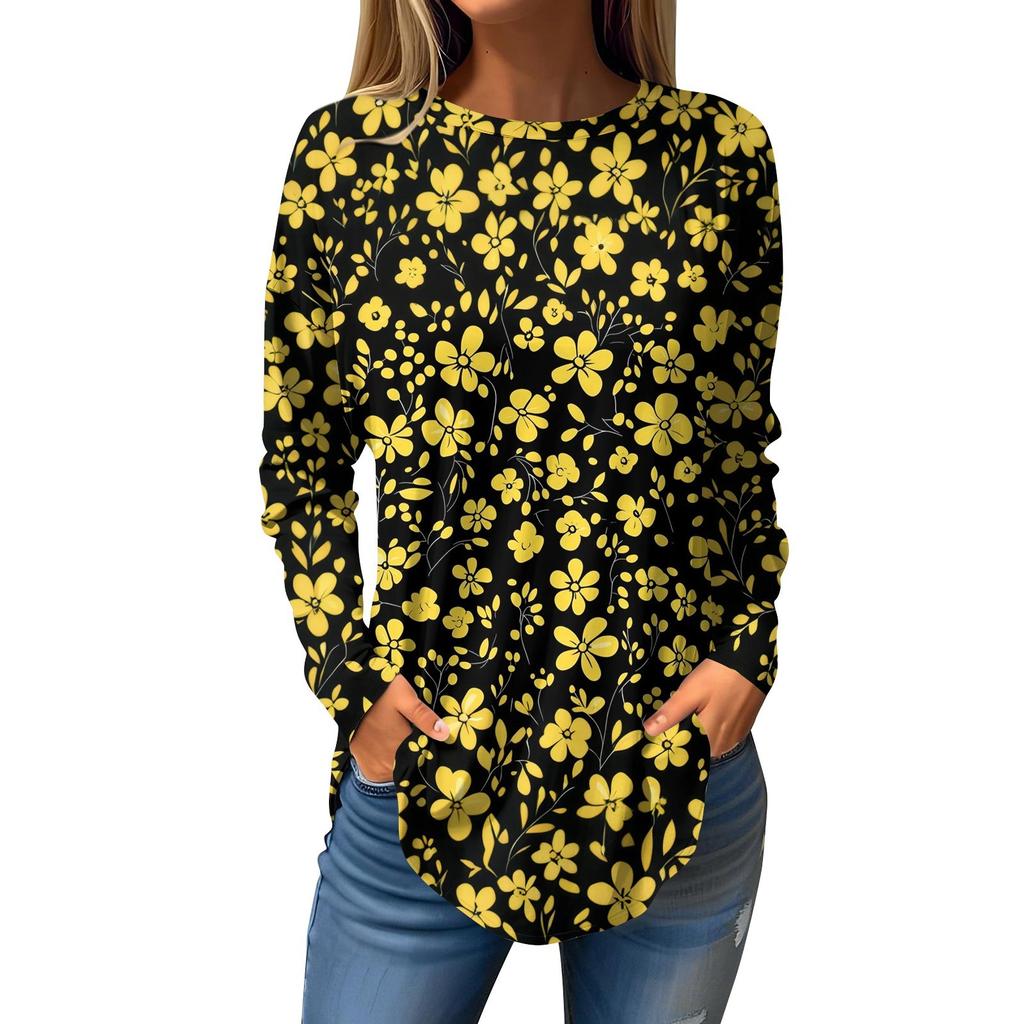 Women's Loose Round Neck Print Long Sleeve T-Shirt Top Pullover