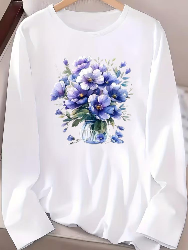 (Asian Size) style flower autumn winter Graphic Tee spring o-neck Print T Shirt Casual Clothing Women Fashion Top Long Sleeve T-shirts