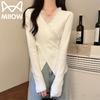 MiiOW Women's V-Neck Lace Detail Knit Long Sleeve Sweater