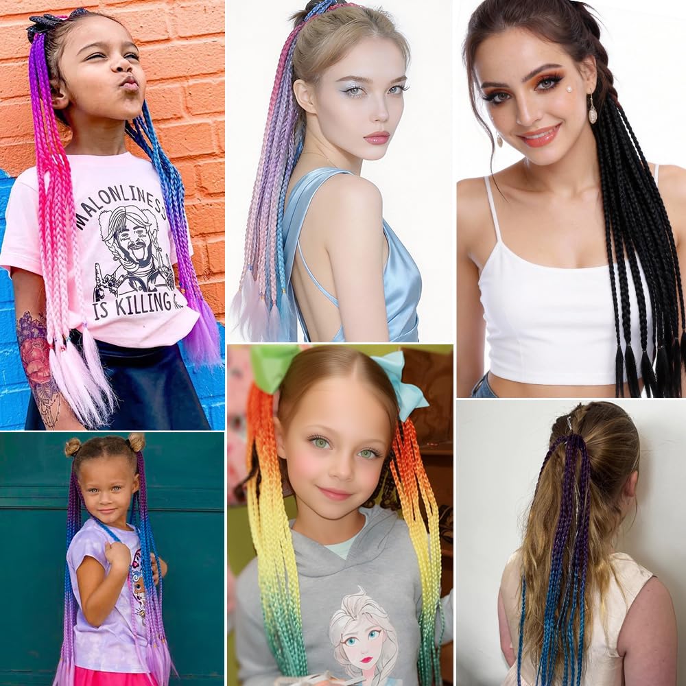 Braided Ponytail Hair Extensions 24 Inch Colorful Box Braids with Rubber Bands Synthetic Hairpieces for Girl  Women Accessories Crazy Hair Day