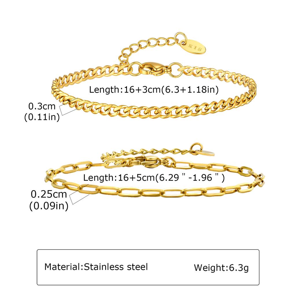 18K PVD Gold Plated Chain Bracelet Set, Adjustable Cuban Link Twist Rope Paperclip Bracelet for Women Vacation Jewelry