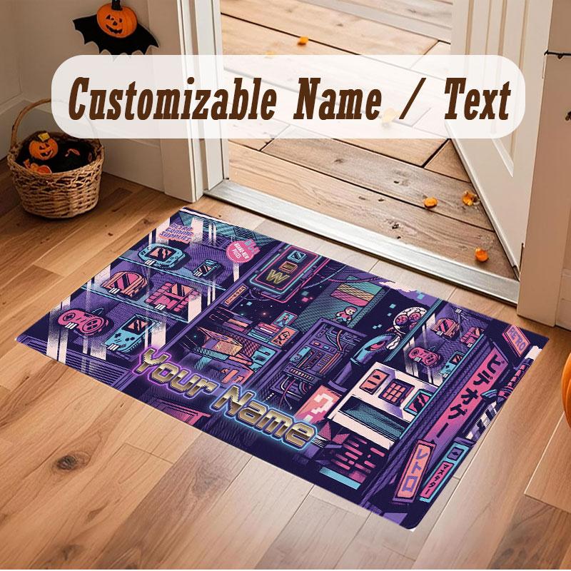 City Cyberpunk Theme Crystal Velvet Floor Rug Personalized Custom Name Text Warm Carpet Home Decoration